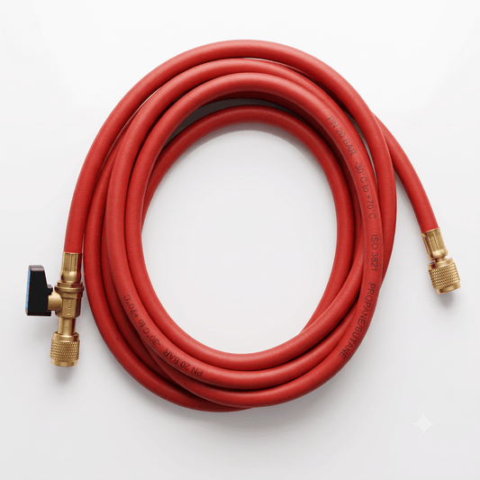 Un tubo flessibile gas R410A con rubinetto rosso da 1500 mm LEMAG, con attacco 5/16 SAE per impianti di climatizzazione.