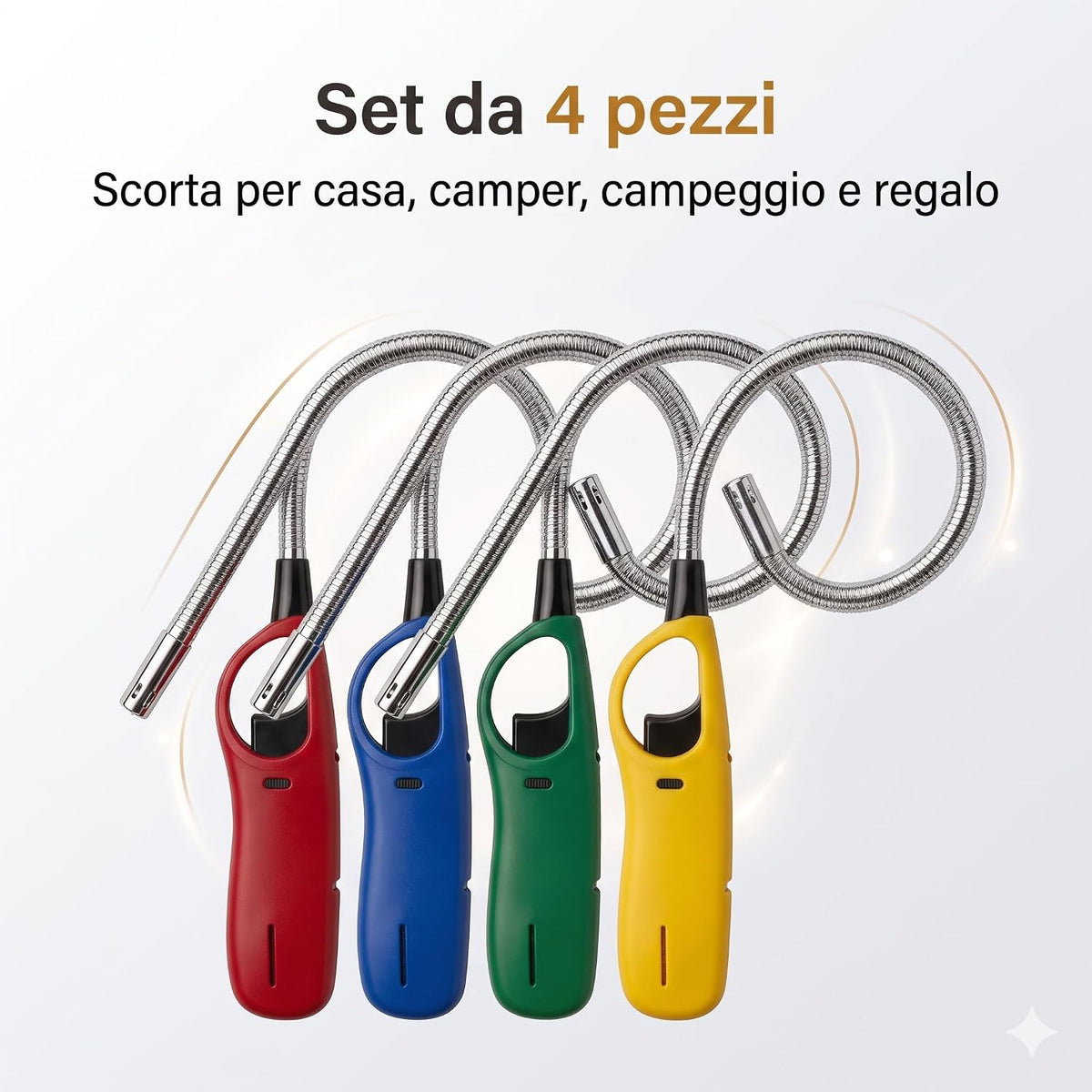 Set 4 Accendigas Lunghi Flessibili Ricaricabili — Accendini a Collo Flessibile Pieghevole per Cucina, Fornelli, Barbecue, Caminetti e Candele | Mani al Sicuro | Multicolore - Lemag srl