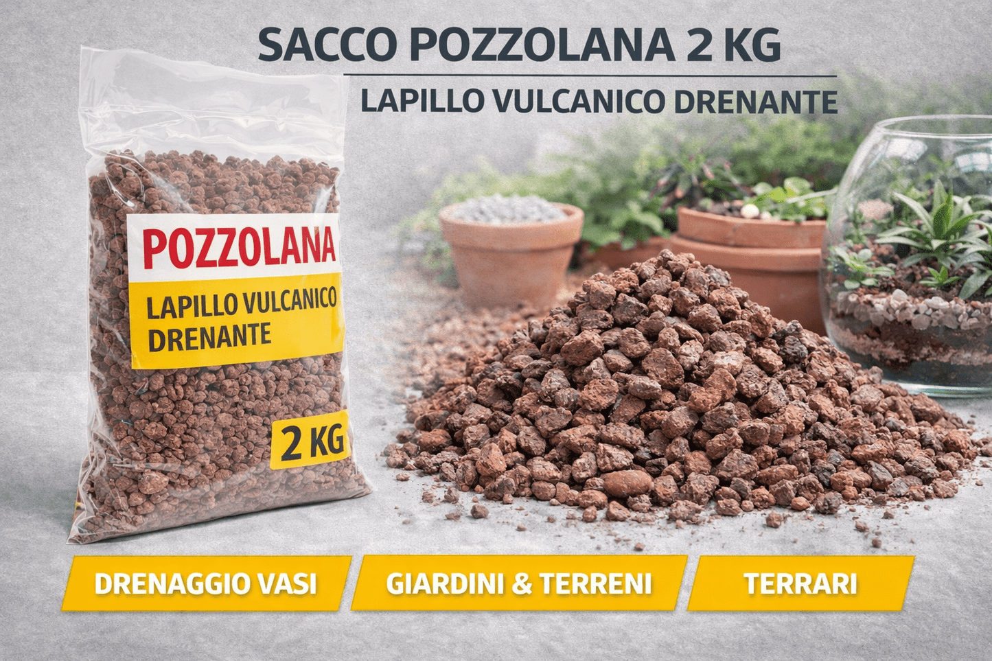 Sacco Pozzolana 2 Kg Lapillo Vulcanico Drenante Per Giardino Vasi Terrari - Lemag srl