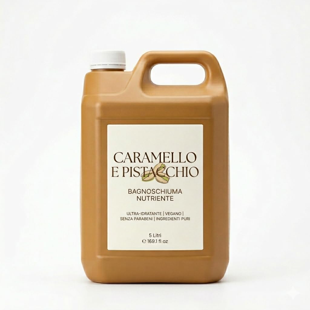 Bagnoschiuma Caramello e Pistacchio 5 Litri — Docciaschiuma Nutriente Profumo Gourmand Avvolgente, Senza Parabeni e Nickel, Vegano, Biodegradabile, Cruelty Free — Made in Italy - Lemag srl