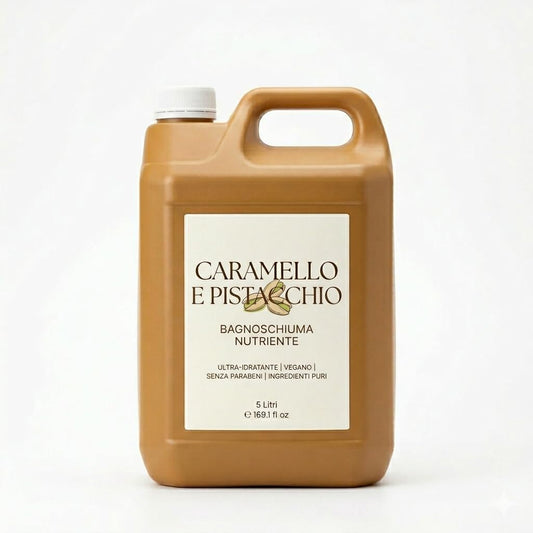 Bagnoschiuma caramello e pistacchio 5 litri, docciaschiuma vegano made in Italy