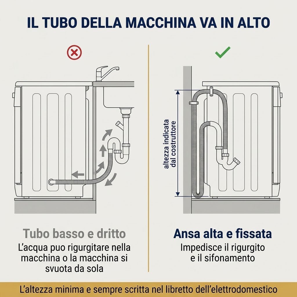 Schema con istruzioni di montaggio del tubo di scarico al sifone salvaspazio lavello per evitare il rigurgito.