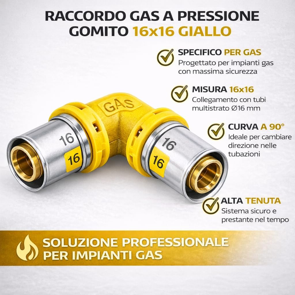 Raccordo Gas a Pressione Gomito 16x16 Giallo per Tubo Multistrato - Lemag srl