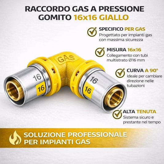 Raccordo Gas a Pressione Gomito 16x16 Giallo per Tubo Multistrato - Lemag srl