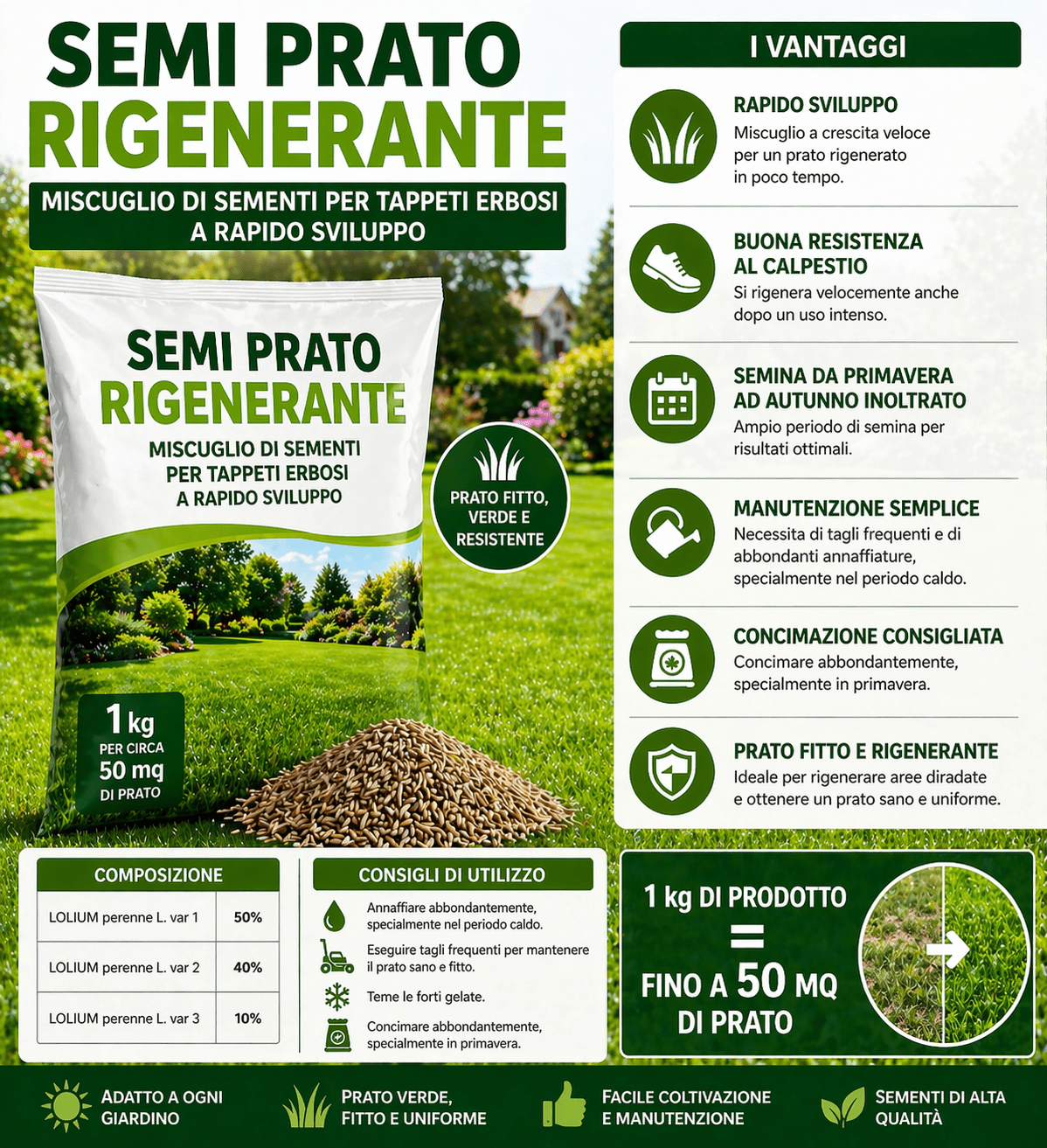 Semi Prato Rigenerante 1 Kg per 50 mq Rapida Crescita - Lemag srl