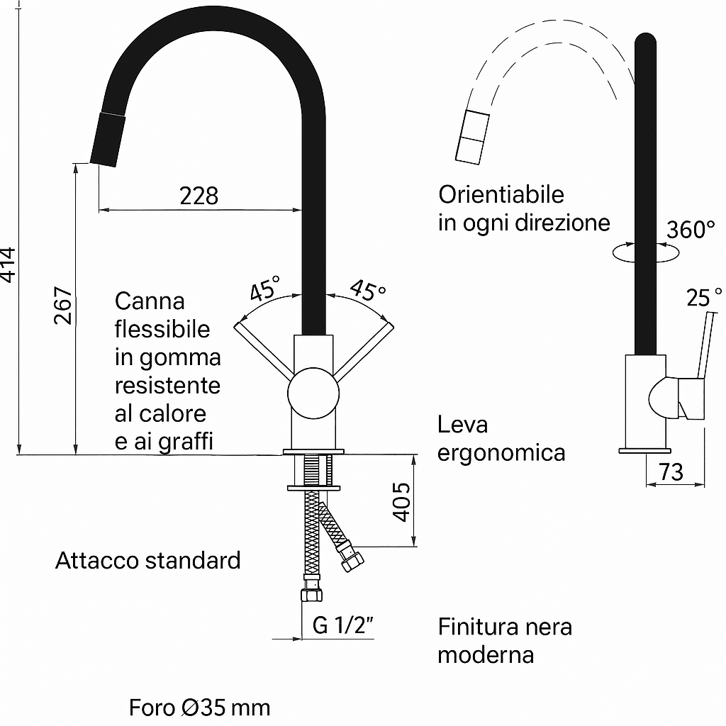 Miscelatore Lavello Flessibile con Canna in Gomma SNAKE Nero - Lemag srl - Lemag srl