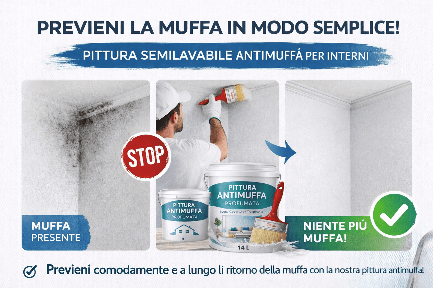 Pittura Semilavabile Antimuffa Profumata per Interni 4L / 14L – Alta Copertura e Traspirante + Pennellessa 20 cm in Omaggio - Lemag srl