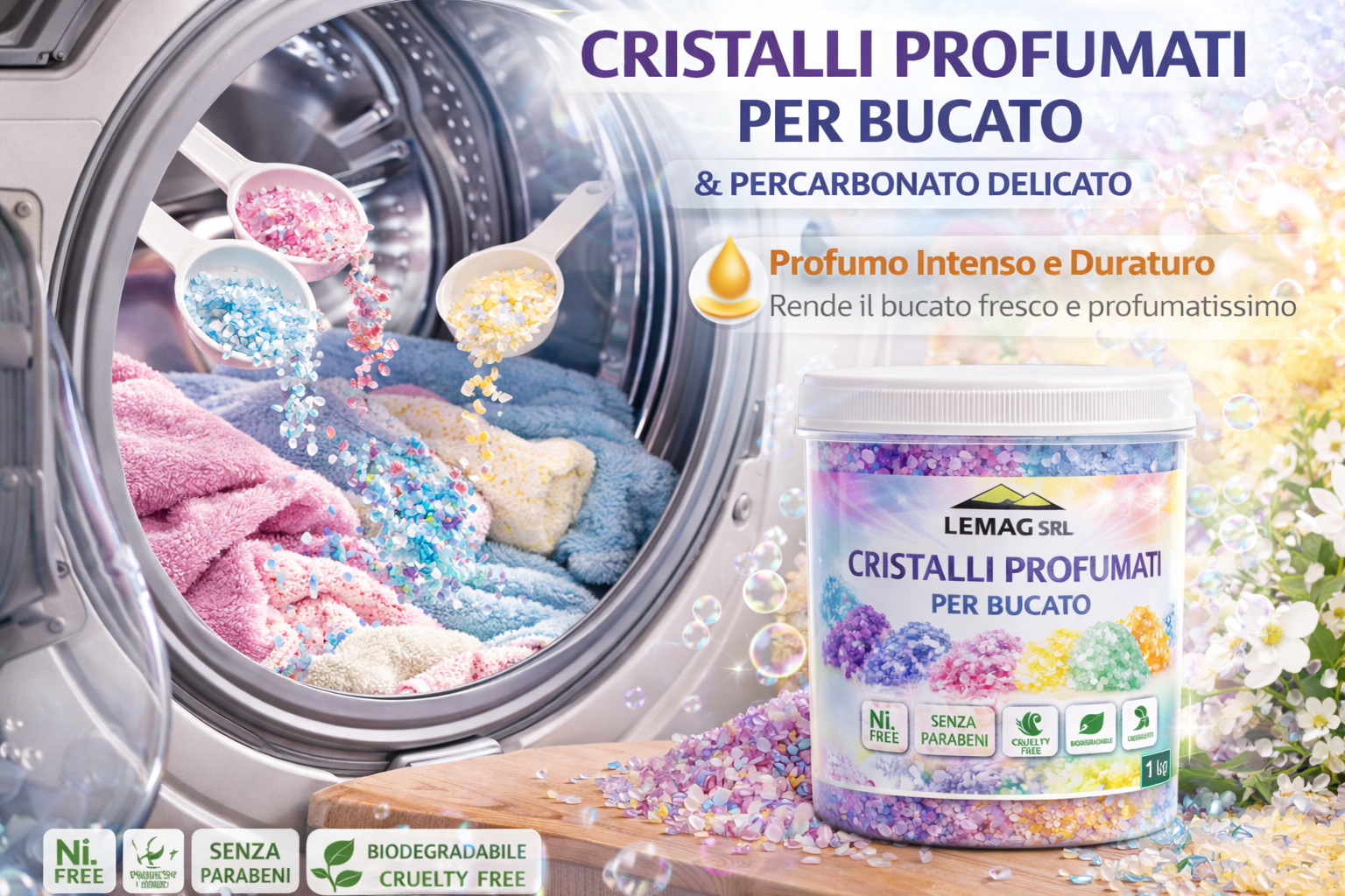 Cristalli Profumati Bucato 1 Kg con Percarbonato – Ammorbidente Naturale e Candeggiante Delicato – Nickel Free – LEMAG SRL - Lemag srl
