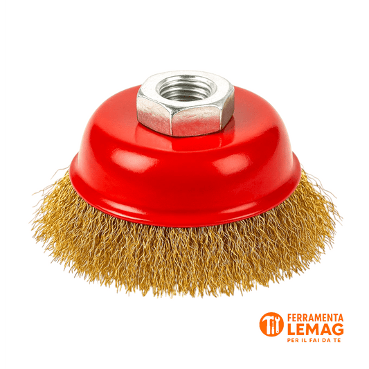 Spazzola a tazza 125 mm in acciaio ottonato, per smerigliatrice e pulizie pesanti - Lemag srl