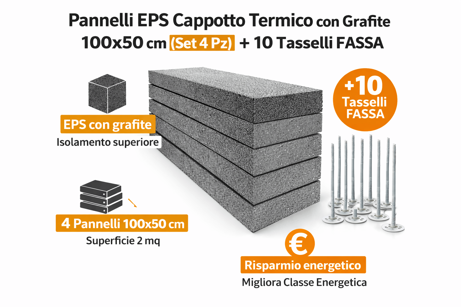 Pannello Polistirene EPS Cappotto Termico 100x50 cm (Set 4 Pz) – Spessori 6/8/10/12 cm – + 10 Tasselli FASSA con Grafite - Lemag srl