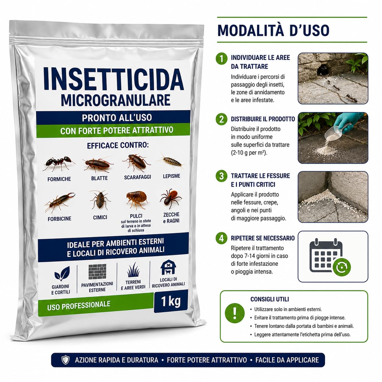 Insetticida Microgranulare 1 Kg per Formiche Pulci Zecche Scarafaggi Blatte Ragni Uso Professionale Esterno Pronto all’Uso - Lemag srl