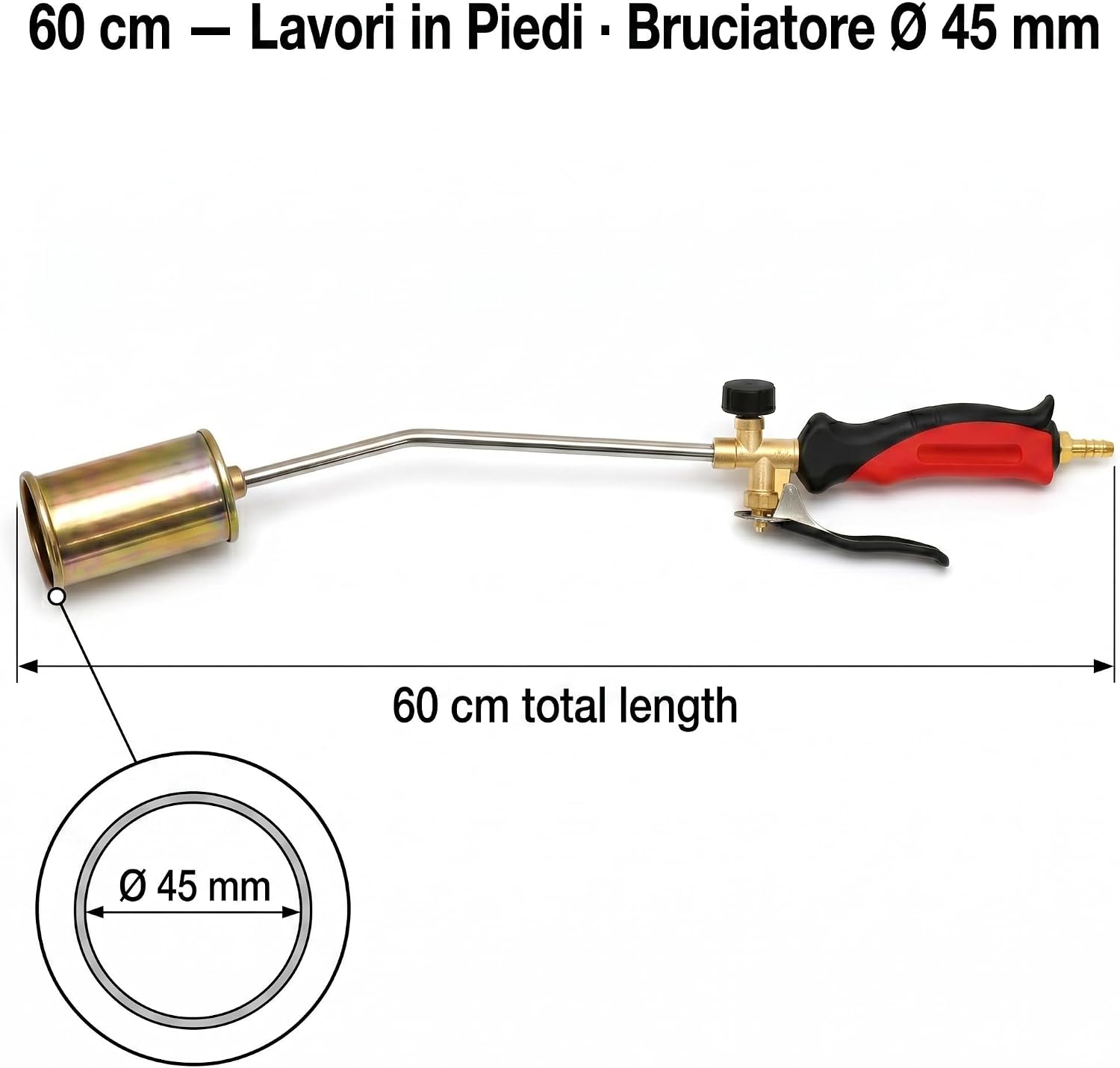 Cannello da Riscaldo a Gas con Leva 60 cm – Kit Completo con Chiave Tubo 2m e 2 Fascette – Bruciatore Ø45mm per Diserbo Termico Accensione e Sverniciatura – Cannello GPL - Lemag srl