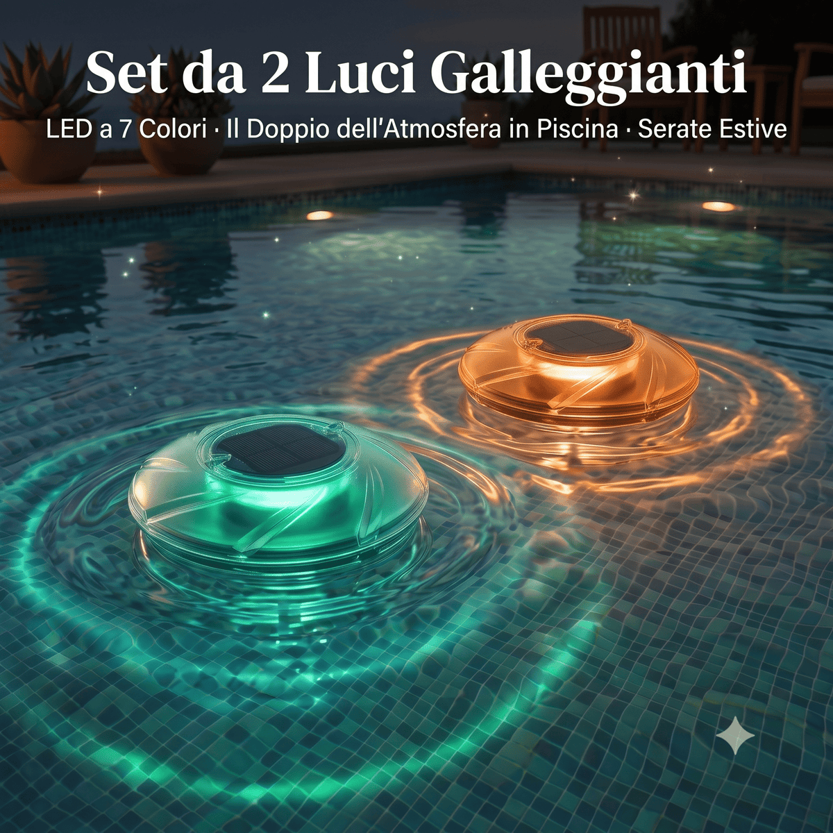 Set di due lampade solari galleggianti piscina con luci LED colorate per illuminare l'acqua di sera.
