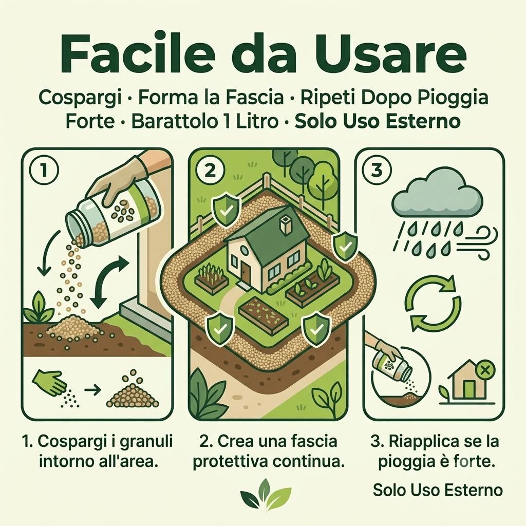 Come applicare il disabituante per volpi e faine in granuli: cospargi, crea una barriera protettiva e riapplica dopo la pioggia.