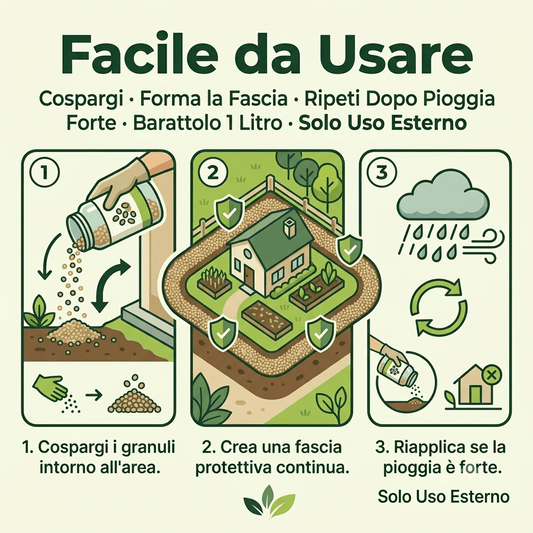 Istruzioni su come applicare il repellente per volpi e faine in granuli per creare una barriera protettiva in giardino.