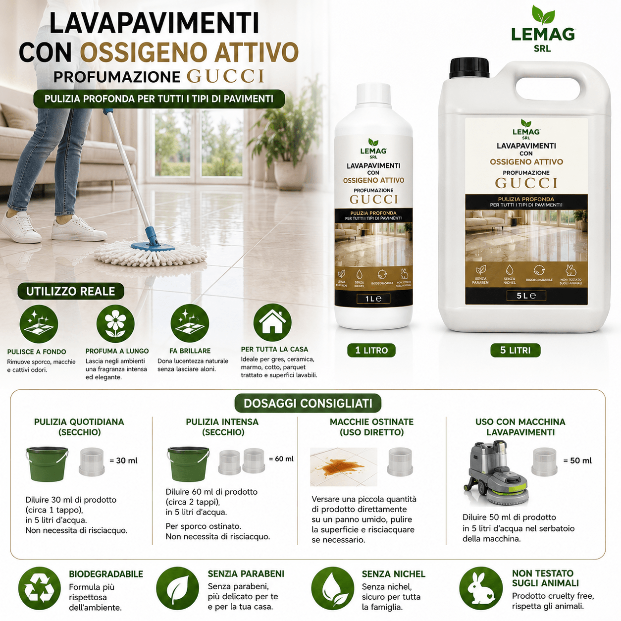 Lavapavimenti con Ossigeno Attivo Profumazione Luxury 1L e 5L Pulizia Profonda Pavimenti Biodegradabile - Lemag srl