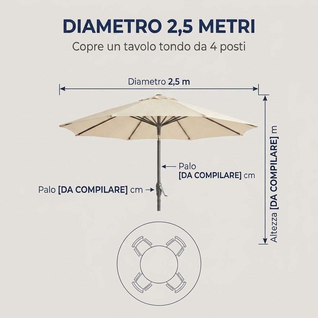 Ombrellone da Giardino Ø 2,5 m con Manovella – Parasole Tondo per Terrazzo e Esterno con Palo in Acciaio Robusto – Apertura Facile – Disponibile in Ecrù Verde e Marrone | Made in Italy - Lemag srl
