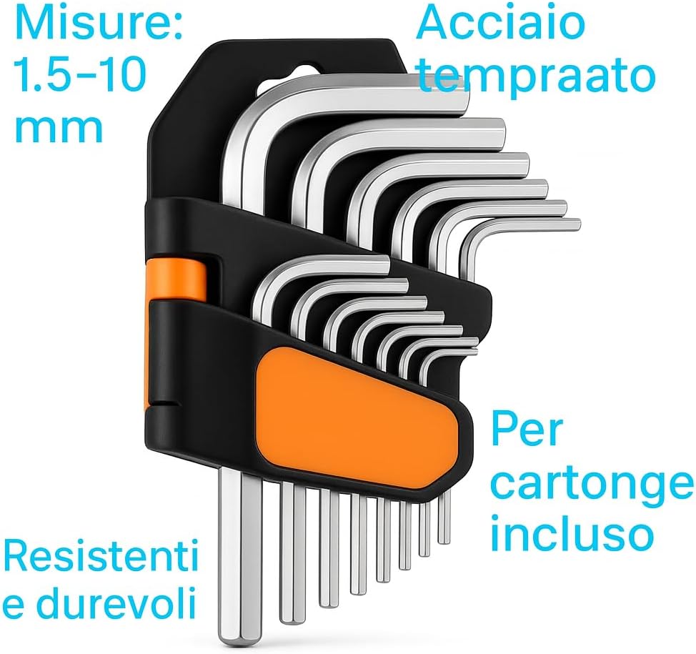 Set 9 Chiavi Esagonali – Brugole Professionali in Acciaio Temperato – Misure 1.5/2/2.5/3/4/5/6/8/10 mm con Supporto - Lemag srl