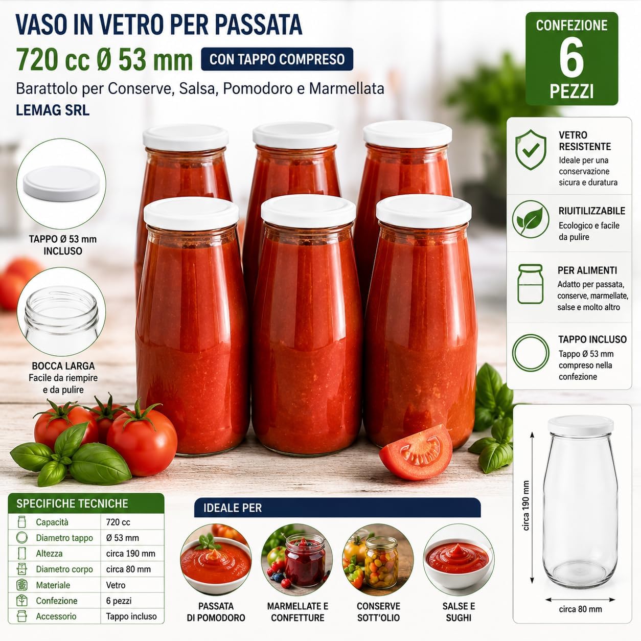 Vaso in Vetro per Passata 720 cc Ø 53 mm con Tappo Compreso Confezione 6 Pezzi Barattolo per Conserve Salsa Pomodoro Marmellata - Lemag srl