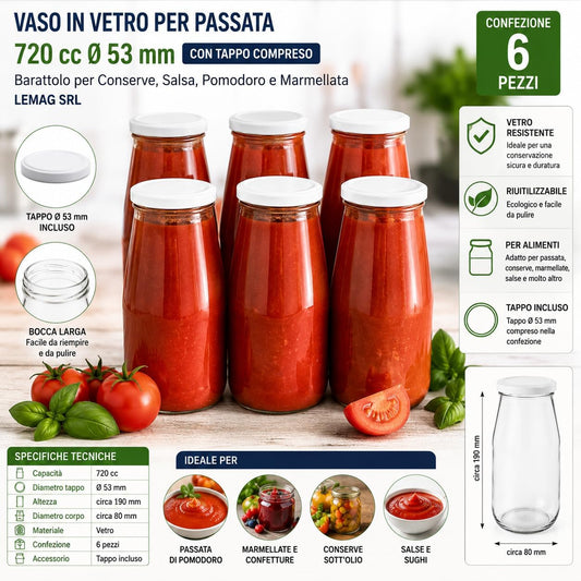 Vaso in Vetro per Passata 720 cc Ø 53 mm con Tappo Compreso Confezione 6 Pezzi Barattolo per Conserve Salsa Pomodoro Marmellata - Lemag srl