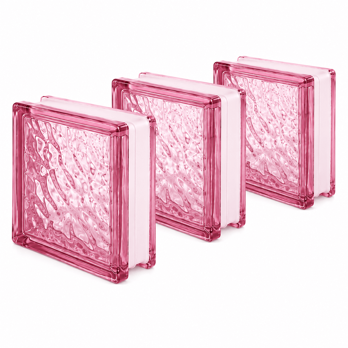 Set da 3 pezzi di vetromattone rosa ondulato da 19x19x8 cm, ideale per pareti divisorie decorative di bagno e cucina.