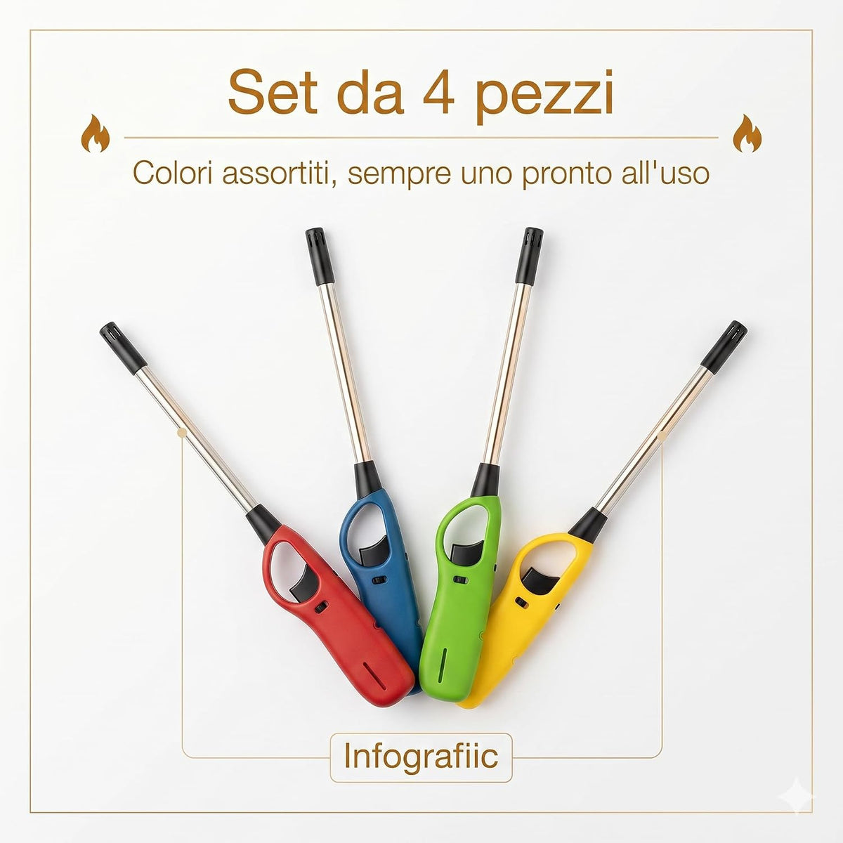 Set 4 accendigas lunghi ricaricabili multicolore per cucina e barbecue – in uso
