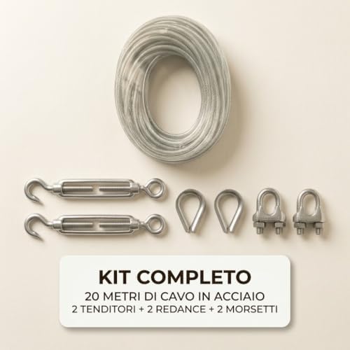 Kit completo con filo stendibiancheria acciaio pvc da 20m, 2 tenditori, 2 redance e 2 morsetti di fissaggio.