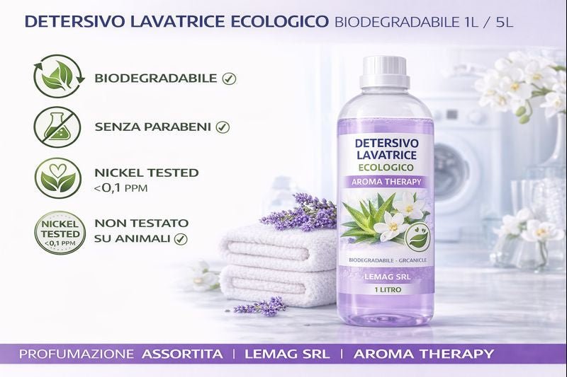 Detersivo Lavatrice Ecologico Biodegradabile 1L/5L – Senza Parabeni – Nickel Tested – Non Testato su Animali – Profumazioni Assortite - Lemag srl