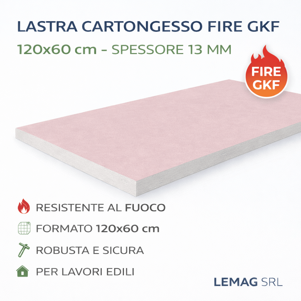 Lastra Cartongesso FIRE GKF 120x60 cm Spessore 13 mm – Pannello Antincendio per Pareti, Contropareti e Controsoffitti – LEMAG SRL - Lemag srl