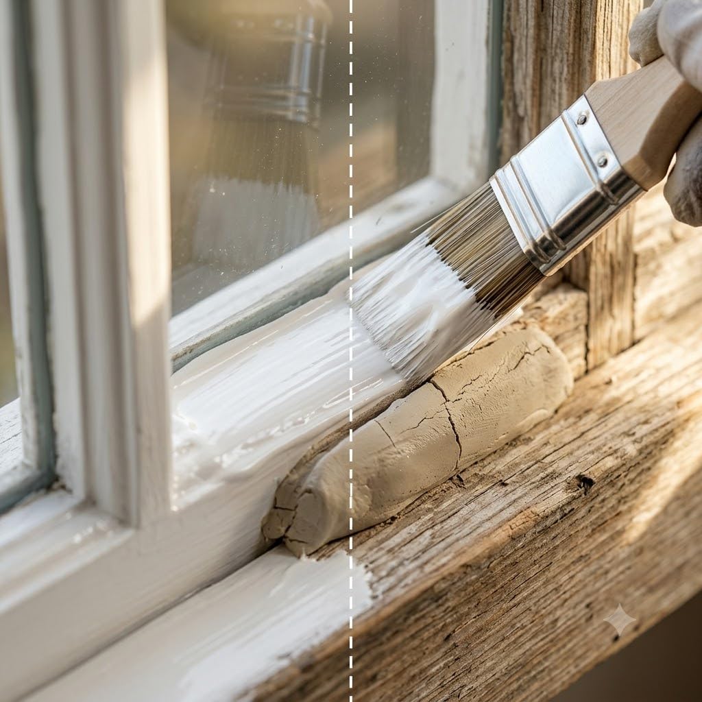 Applicazione e verniciatura dello stucco da vetraio in pane per la sigillatura di finestre in legno.