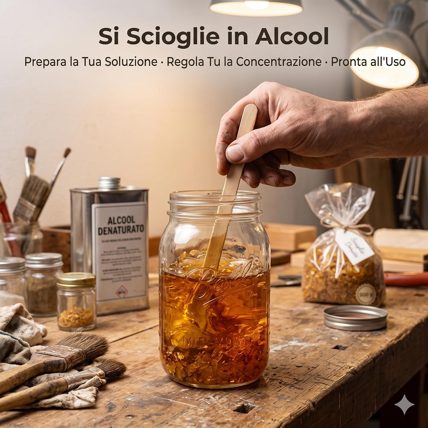 Preparazione della gommalacca in scaglie sciolta in alcool in un barattolo di vetro per il restauro del legno.