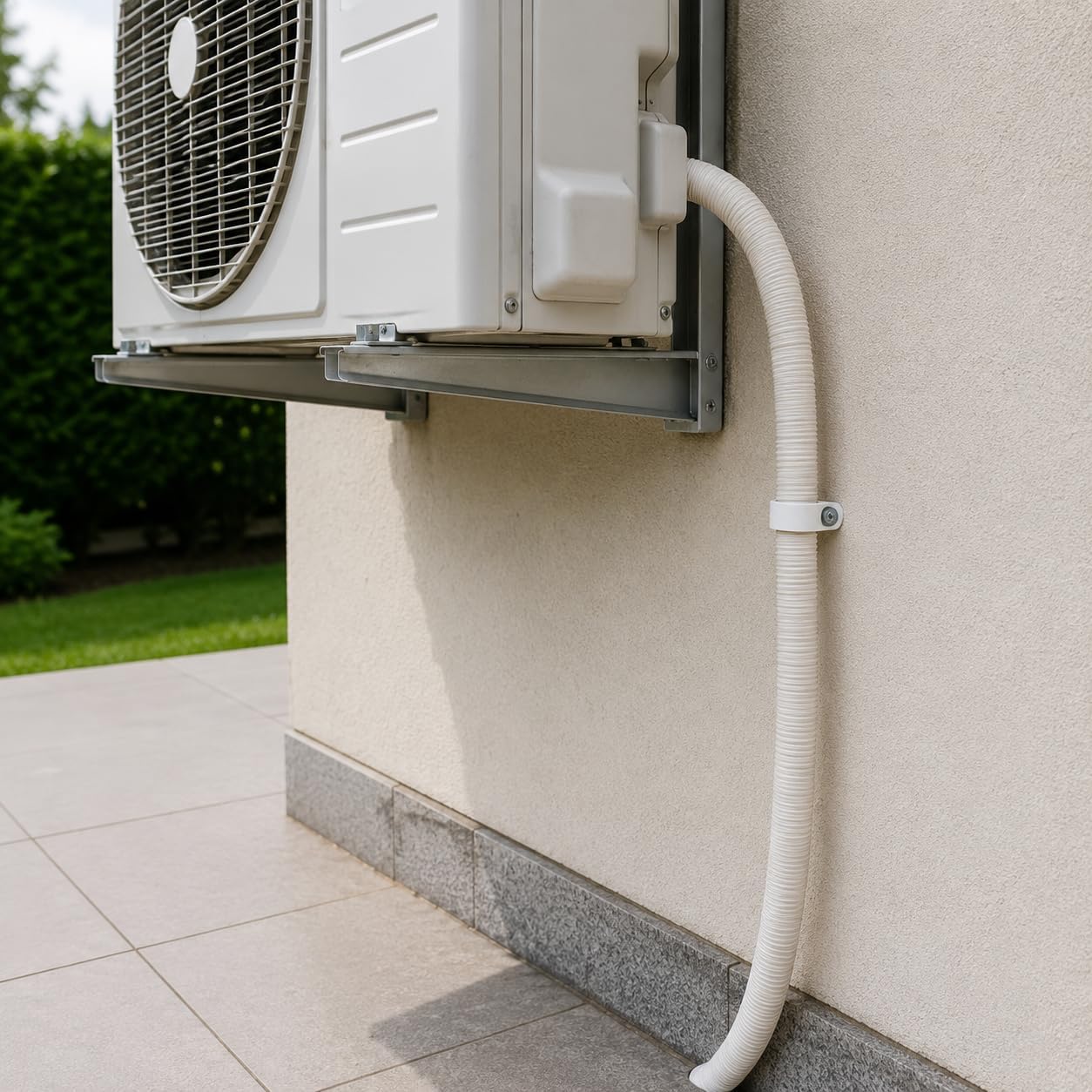 Unità esterna con tubo scarico condensa climatizzatore flessibile bianco da 18 mm installato a parete.