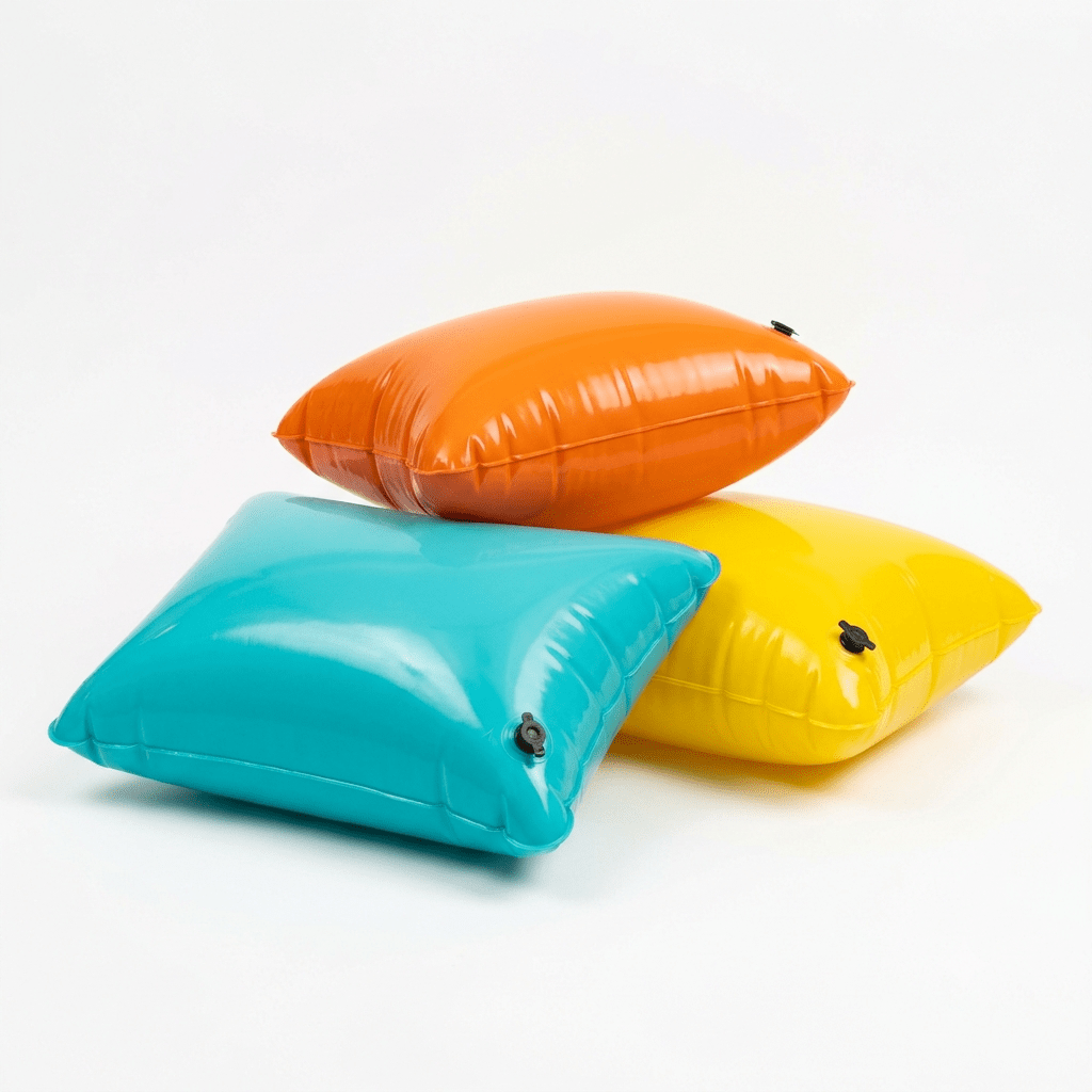 Cuscino gonfiabile in PVC colorato arancione, giallo e azzurro, ideale come gonfiabili mare e piscina per il relax.
