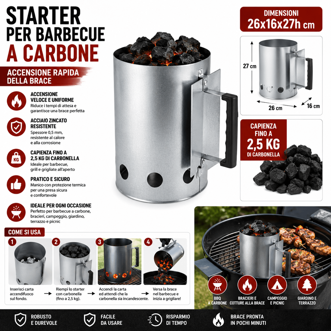 Starter per Barbecue a Carbone 26x16x27h cm Capacità 2,5 Kg in Acciaio Zincato Accendifuoco Camino Avviatore Carbonella - Lemag srl