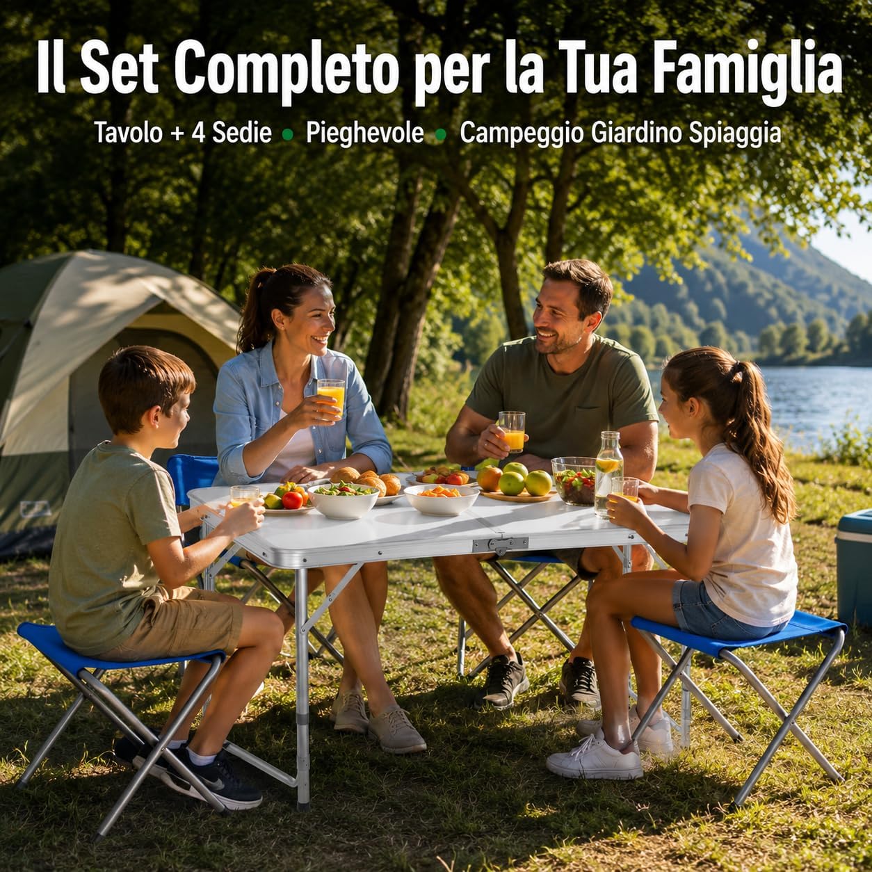 Set Tavolo + 4 Sedie Campeggio Acciaio 120x60cm – Altezza Regolabile 53/63/70cm | Bianco Pieghevole | Giardino Terrazzo Spiaggia | 5 Pezzi Completi | Made in Italy - Lemag srl