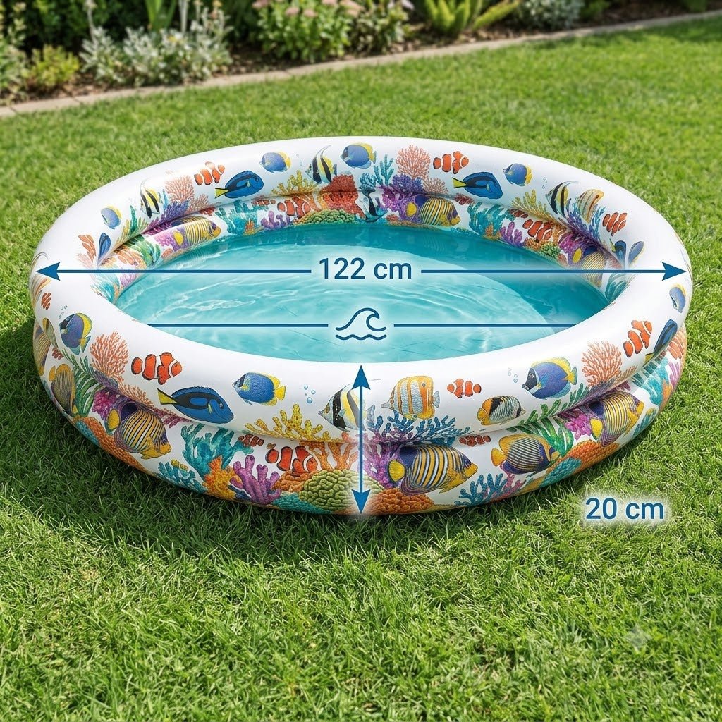 Dettaglio dimensioni di una piscina gonfiabile per bambini con fantasia barriera corallina da 122x20 cm in giardino.