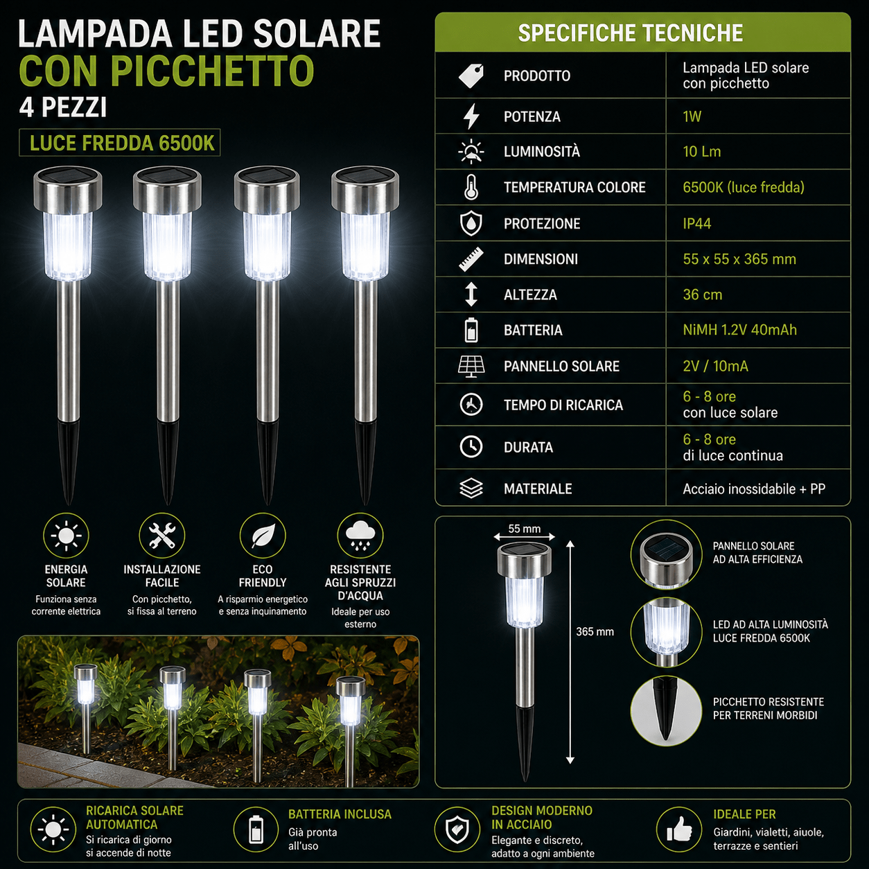 Lampade Solari da Giardino 4 Pezzi con Picchetto Acciaio Inox 36 cm 6500K IP44 LED 1W per Vialetti e Aiuole - Lemag srl
