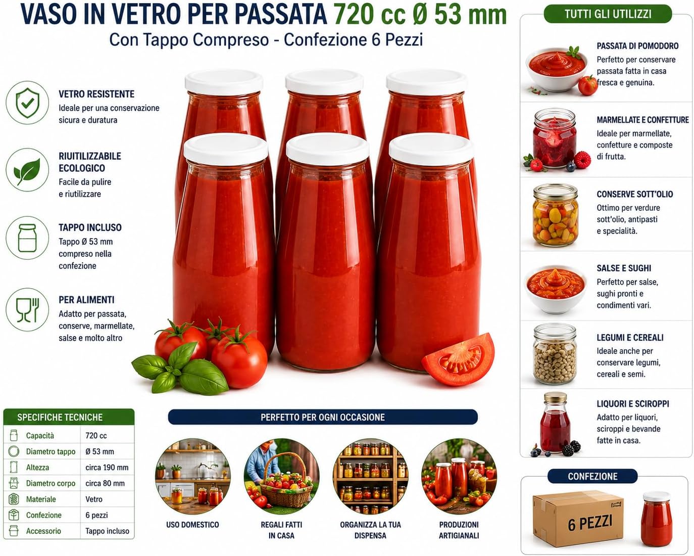 Vaso in Vetro per Passata 720 cc Ø 53 mm con Tappo Compreso Confezione 6 Pezzi Barattolo per Conserve Salsa Pomodoro Marmellata - Lemag srl