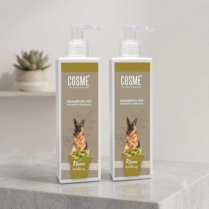Set di 2 flaconi di shampoo per cani al tea tree e neem per proteggere e lenire la cute.