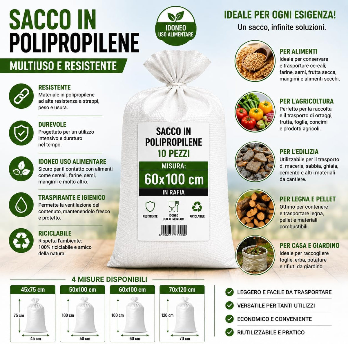 Sacchi in Polipropilene Rafia per Alimenti 10 Pezzi – Varie Misure - Lemag srl