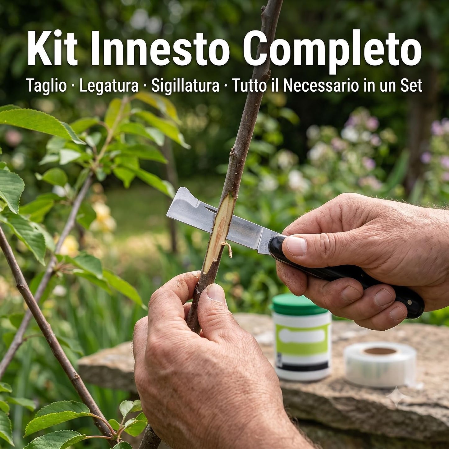 Kit Innesto Completo per Piante – Coltello da Innesto Lama Inox 17 cm con Mastice Cicatrizzante 500 gr Fascette per Legatura e Guanti – Set per Innesti Potature e Talee di Alberi da Frutto - Lemag srl