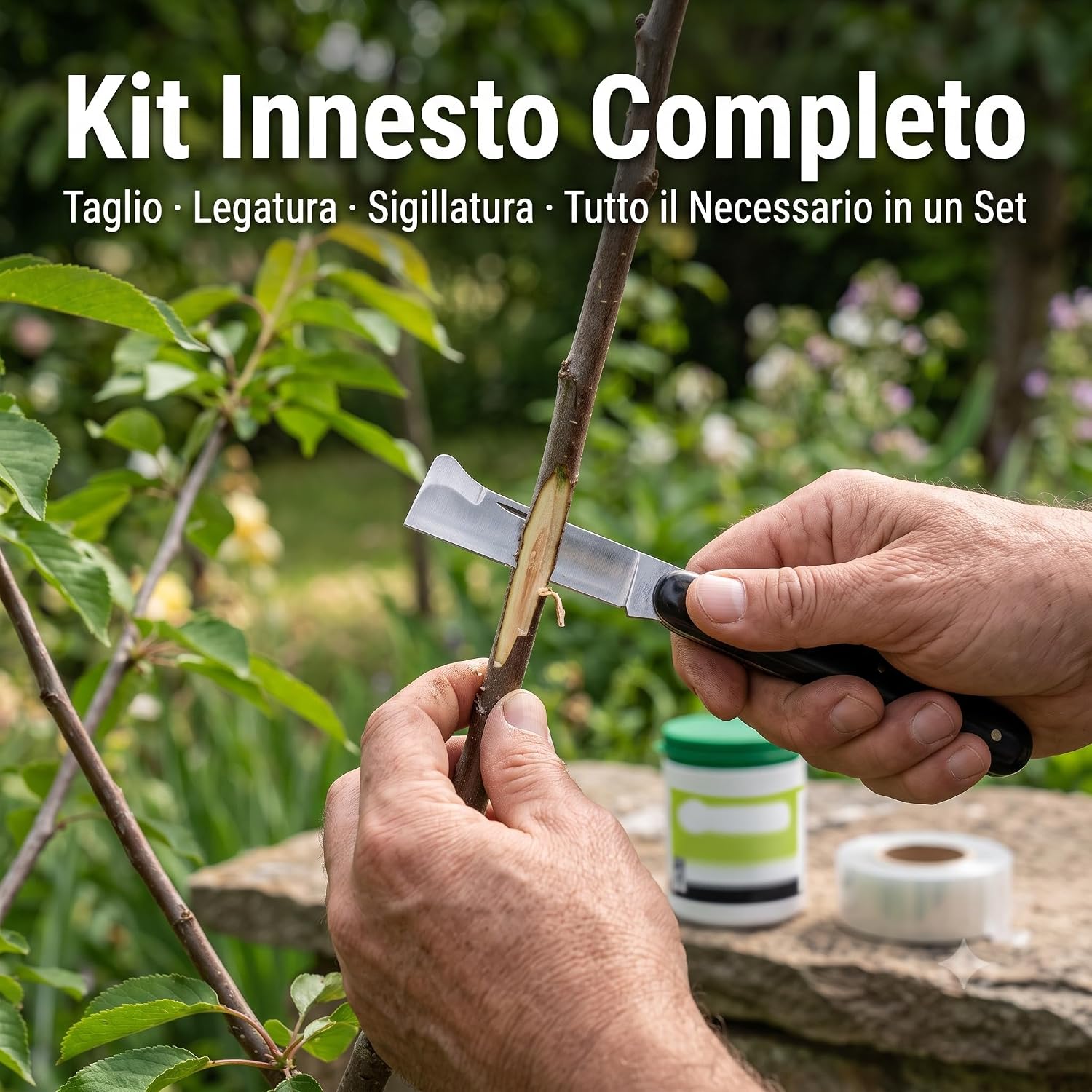 Kit Innesto Completo per Piante – Coltello da Innesto Lama Inox 17 cm con Mastice Cicatrizzante 500 gr Fascette per Legatura e Guanti – Set per Innesti Potature e Talee di Alberi da Frutto - Lemag srl
