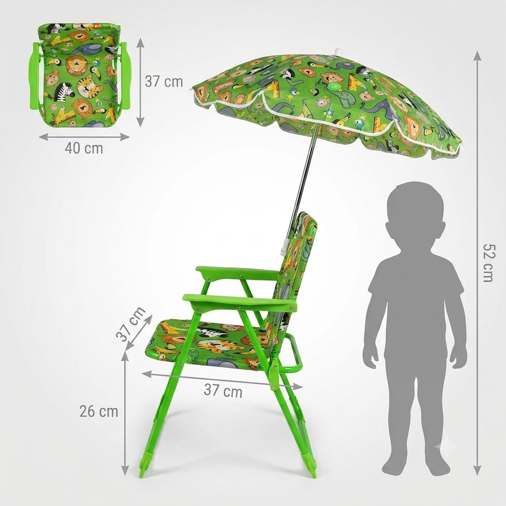 Dimensioni della sedia da spiaggia per bambini con ombrellino verde con fantasie di animali.