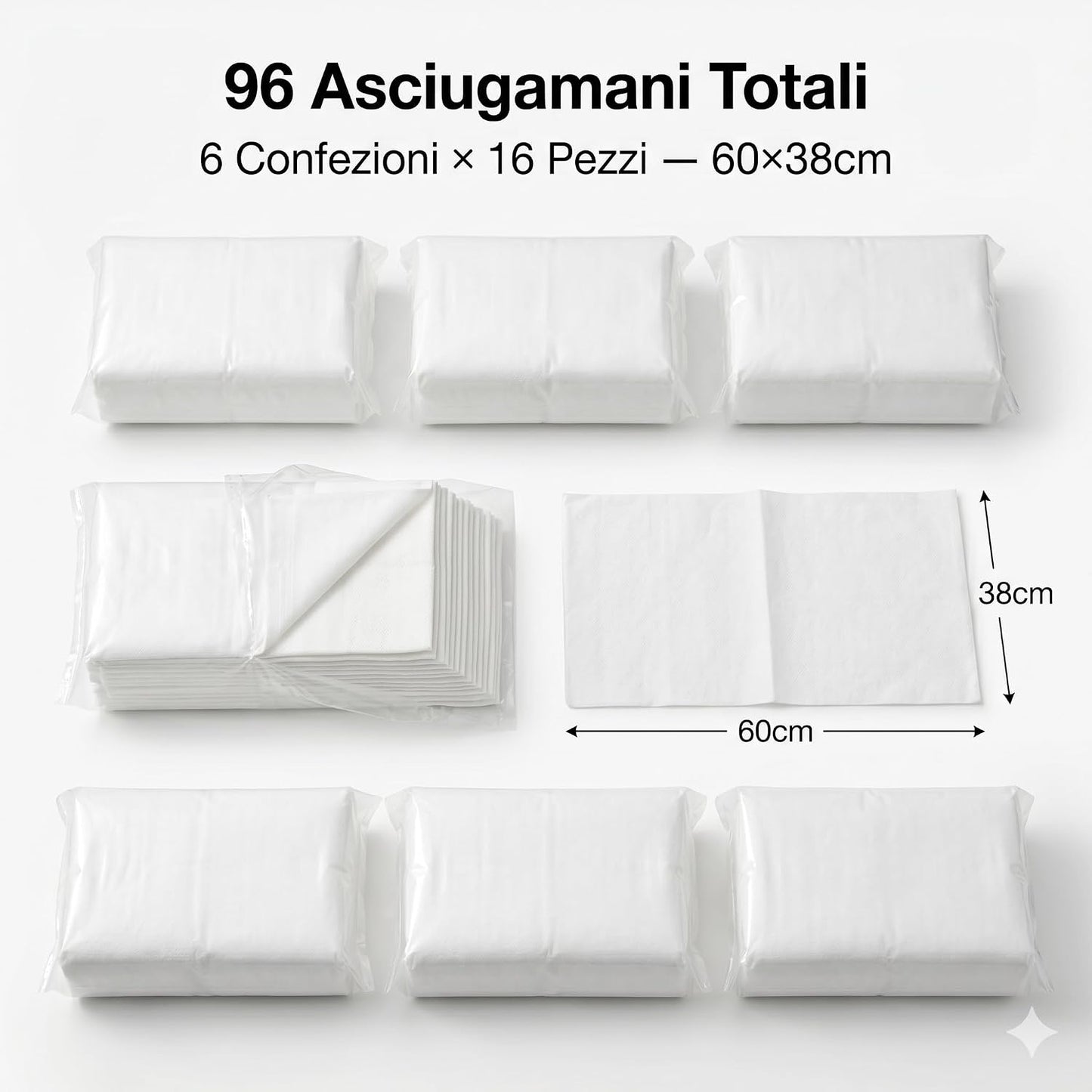 Asciugamani Monouso 60x38cm – 6 Confezioni da 16 pz (96 Totali) | Tessuto Ecologico | Piegati Singolarmente | Estetica Parrucchiere Palestra Viaggio | Made in Italy - Lemag srl