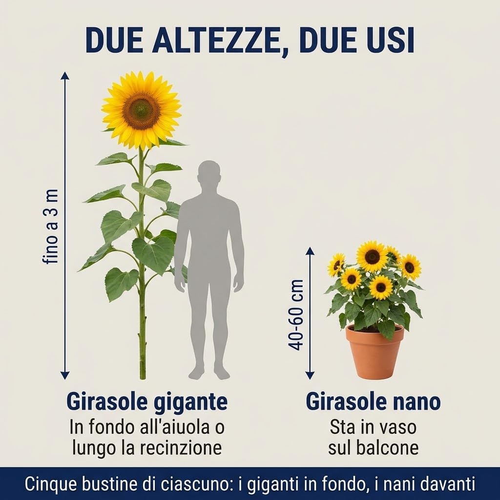 Semi di Girasole 10 Bustine - 5 Girasole Gigante e 5 Girasole Nano - Fino a 3 Metri o in Vaso sul Balcone - Semina da Aprile, Fioritura in Estate - Lemag srl