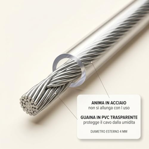 Filo Stendibiancheria Acciaio Rivestito PVC 4 mm × 20 m – Carico Rottura 250 kg – Kit con 2 Tenditori, 2 Redance, 2 Morsetti - Lemag srl