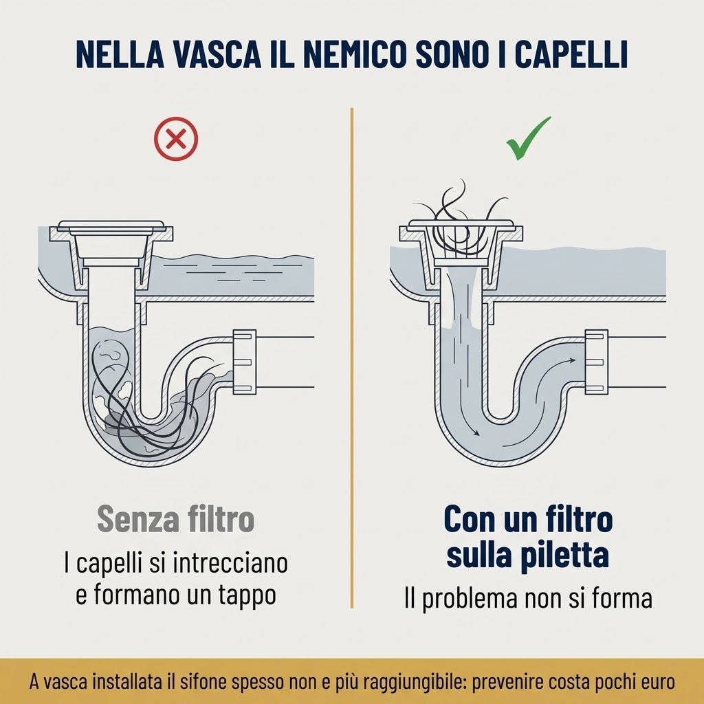 Importanza del filtro per evitare capelli e ingorghi nel sifone vasca ribassato a basso ingombro.