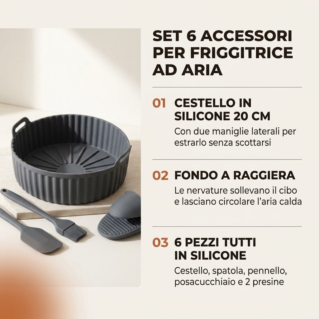 Set 6 Accessori Friggitrice ad Aria - Cestello in Silicone Ø 20 cm con Maniglie + Spatola, Pennello, Posacucchiaio e 2 Presine - Resistente al Calore, Lavabile in Lavastoviglie - Lemag srl