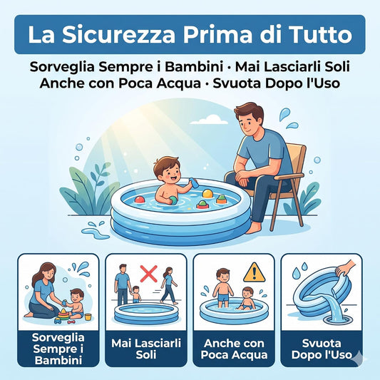 Infografica sulle regole di sicurezza per la piscina frame per bambini, con consigli su sorveglianza e svuotamento dopo l'uso.