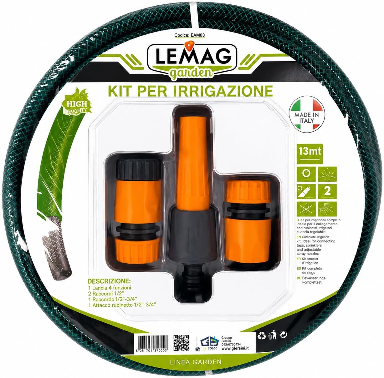 Tubo Irrigazione 1/2" 15 m – Tubo da Giardino Completo con Raccordi Rapidi Acquastop Attacco Rubinetto e Lancia a Getto Regolabile – Pronto all'Uso per Orto e Giardino - Lemag srl